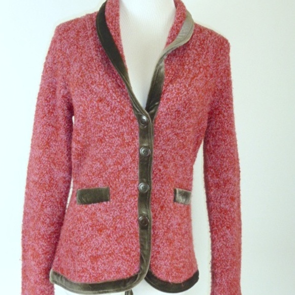 HWR for ANTHROPOLOGIE red pink brown marled wool cardigan shawl Sweater M velvet - Picture 2 of 7